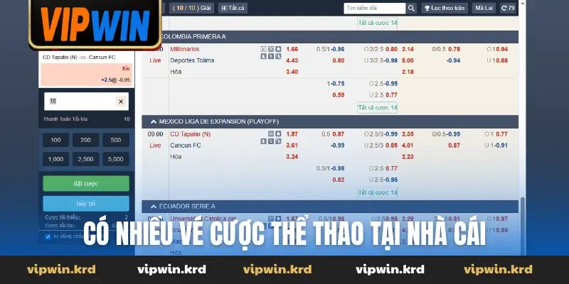Có nhiều vé cược thể thao tại nhà cái